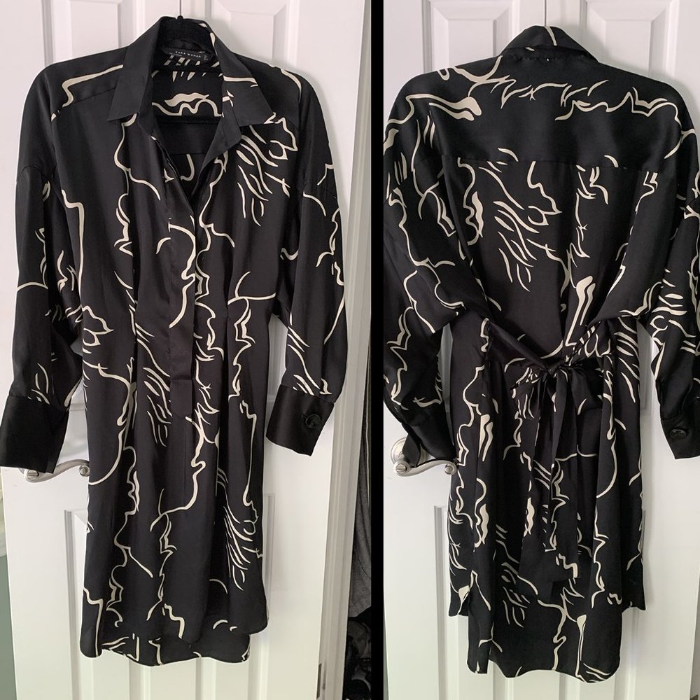 Zara Black and Cream Art Print Dress Size L